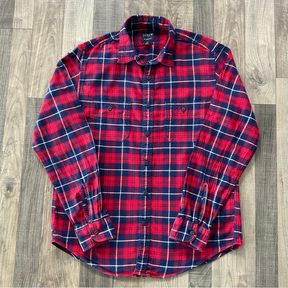 J Crew Flannel Shirt 
Style # AC552
Men’s Size Medium 
Red Blue White Plaid